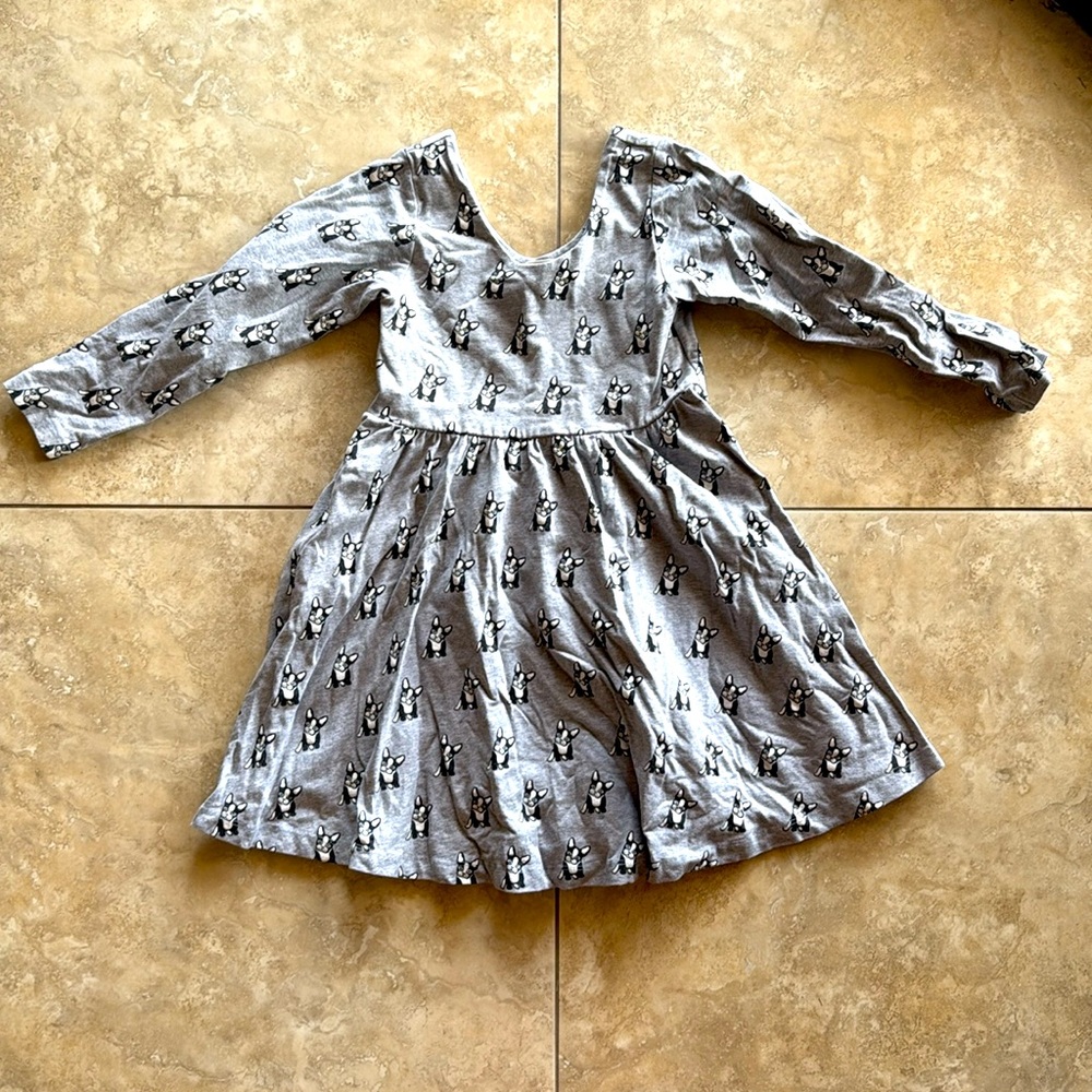 monica + andy french bulldog long sleeve grey dress, size 6/7